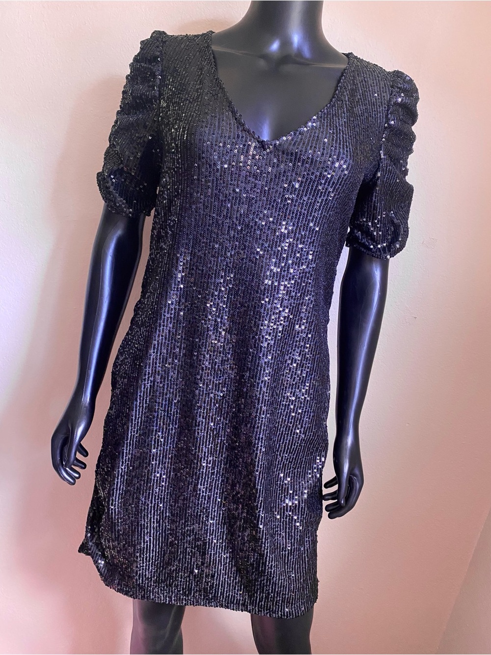 MARINA Black Ribbed Sparkling Sequin Mini Dress